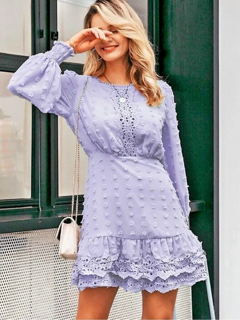 Simplee swiss dot guipure lace trim chiffon mini dress